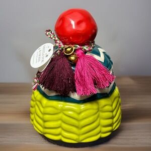 Anthropologies Mistletoe & Moss Scented Candle Red Top Ceramic Jar Tassels Bells